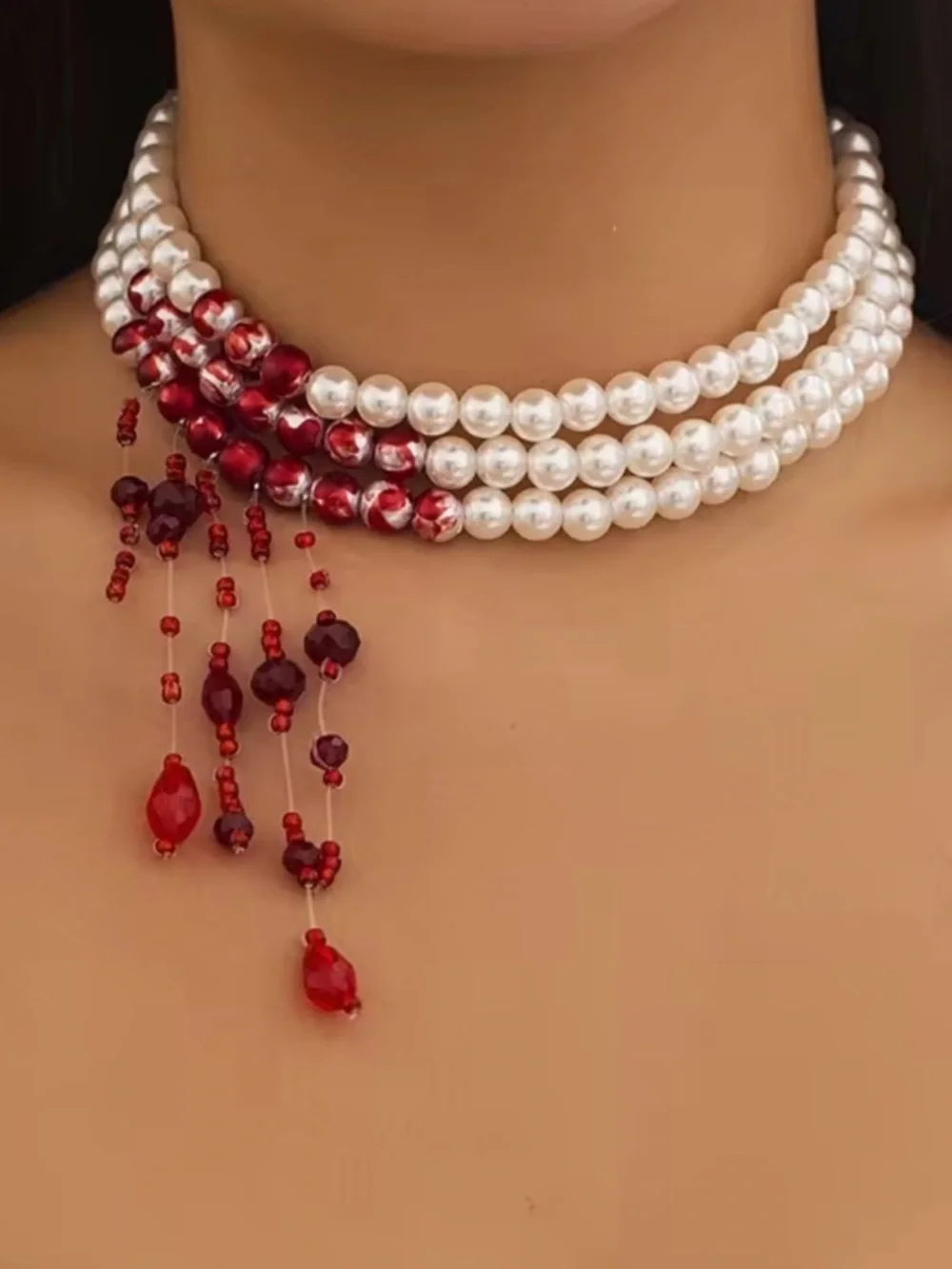 o Pearl Multi-Strand Necklace with Red Bead Droplets